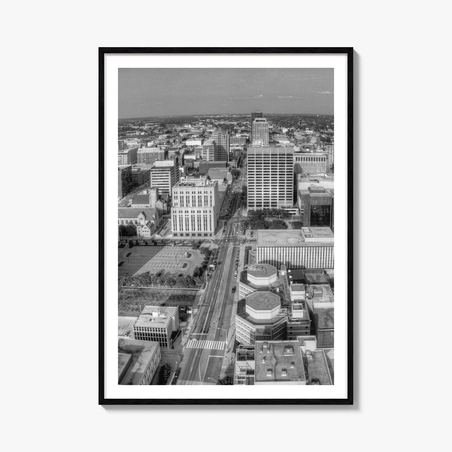 Dayton black & white photo poster of Ohio, USA – vertical wall art, unframed print shown in interior mockup