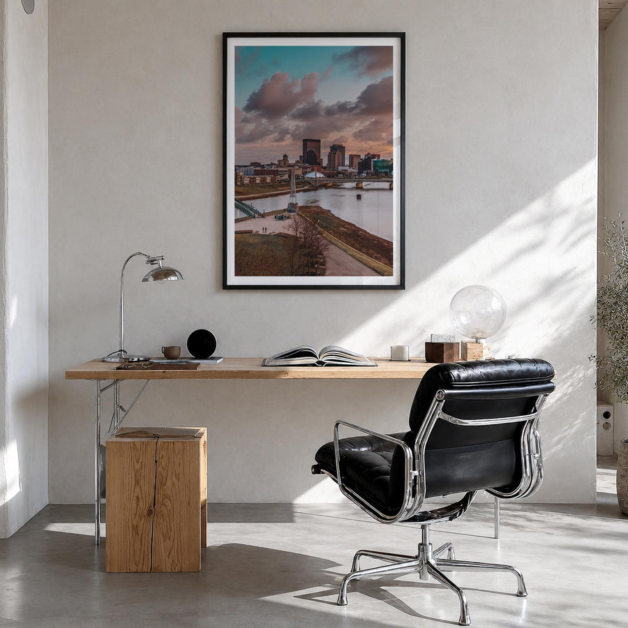 Dayton colorful photo poster of Ohio, USA – vertical wall art in black wood frame with white border, hanging on wall