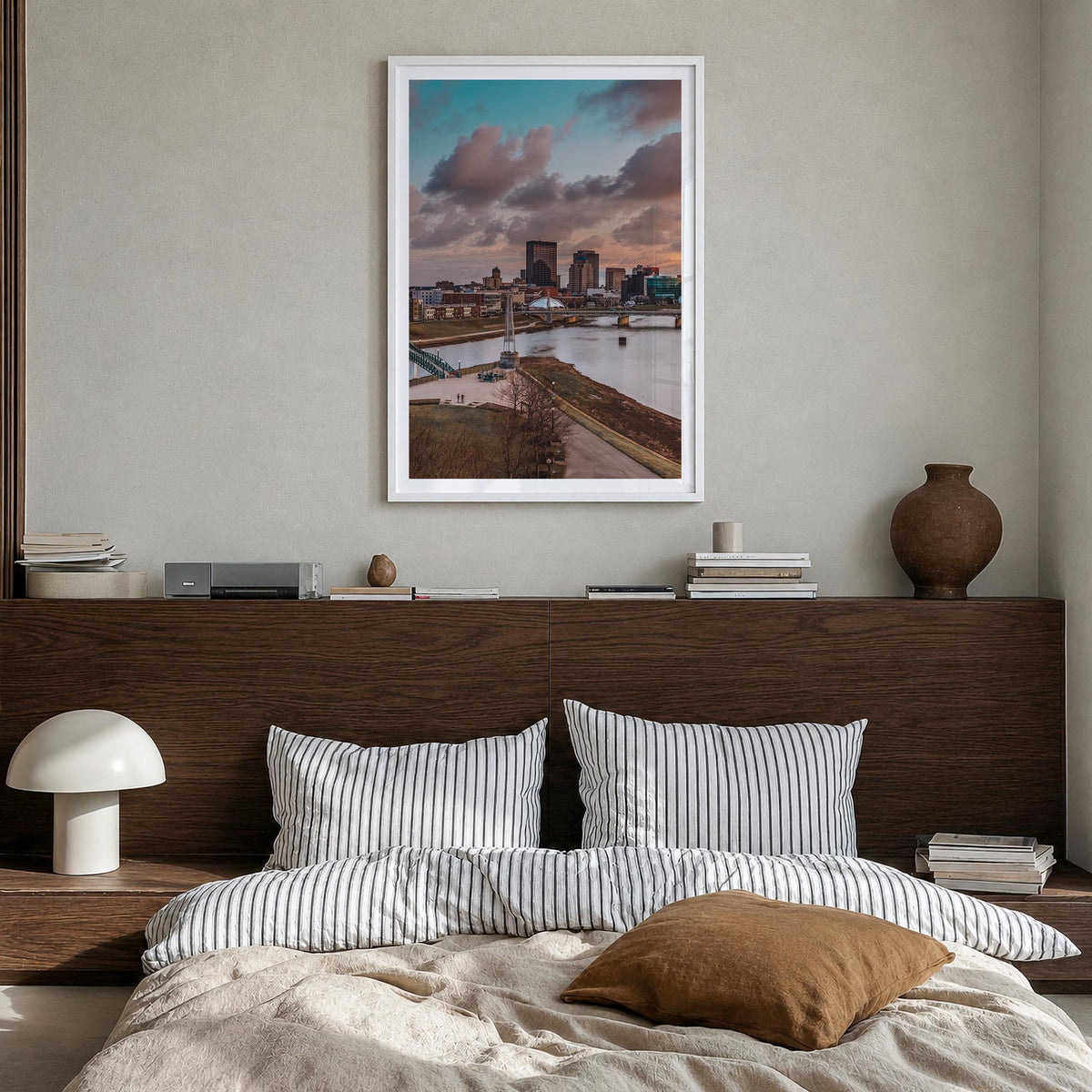 Dayton colorful photo poster of Ohio, USA – vertical wall art in white wood frame with white border, hanging on wall