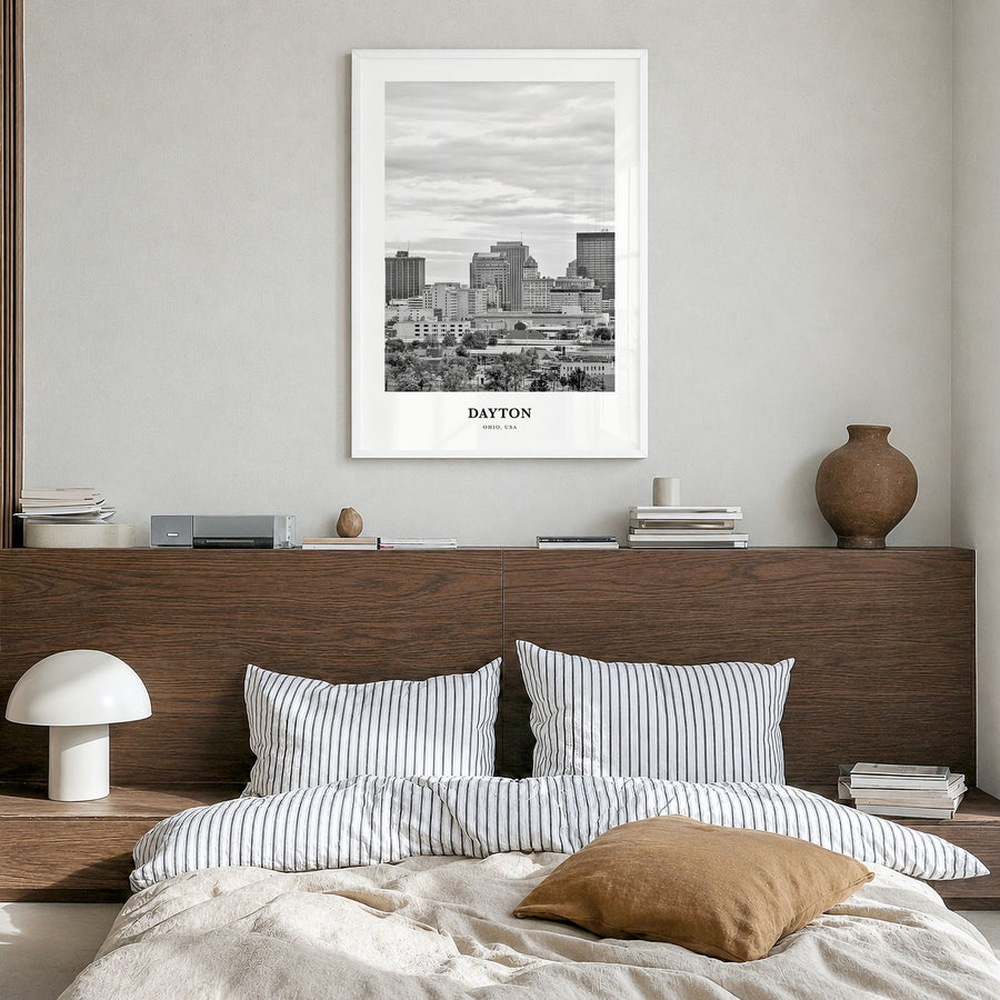 Dayton Classic Poster in a white wood frame, hanging in a bedroom