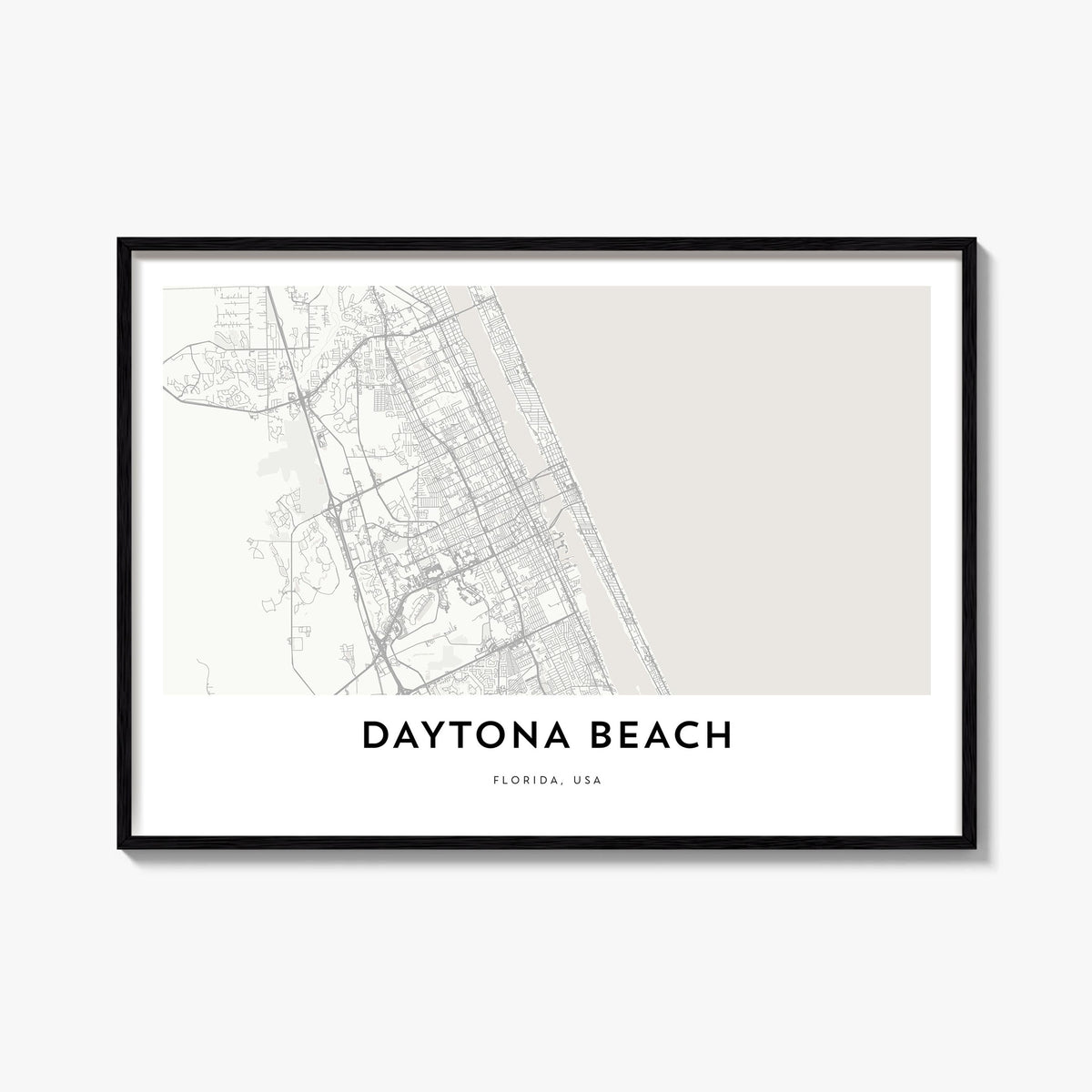 Daytona Beach black & white map poster of Florida, USA – horizontal wall art, unframed print shown in interior mockup