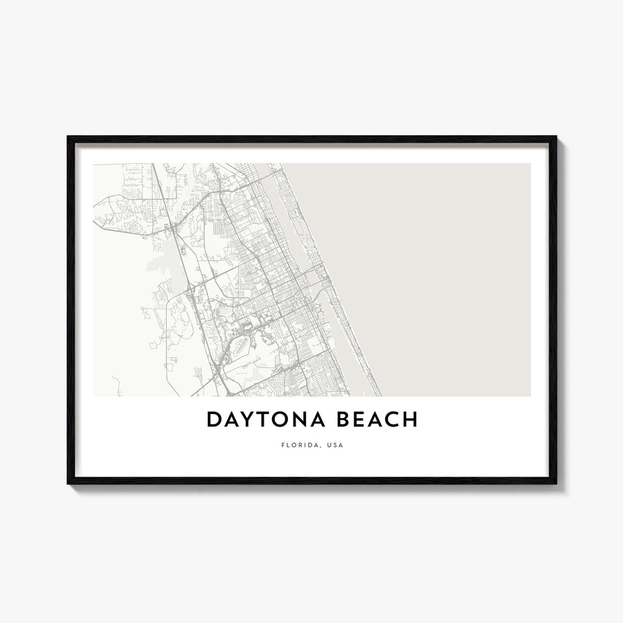 Daytona Beach black & white map poster of Florida, USA – horizontal wall art, unframed print shown in interior mockup