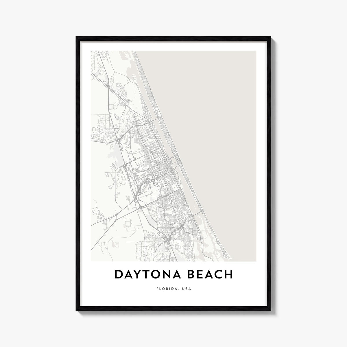 Daytona Beach black & white map poster of Florida, USA – vertical wall art, unframed print shown in interior mockup