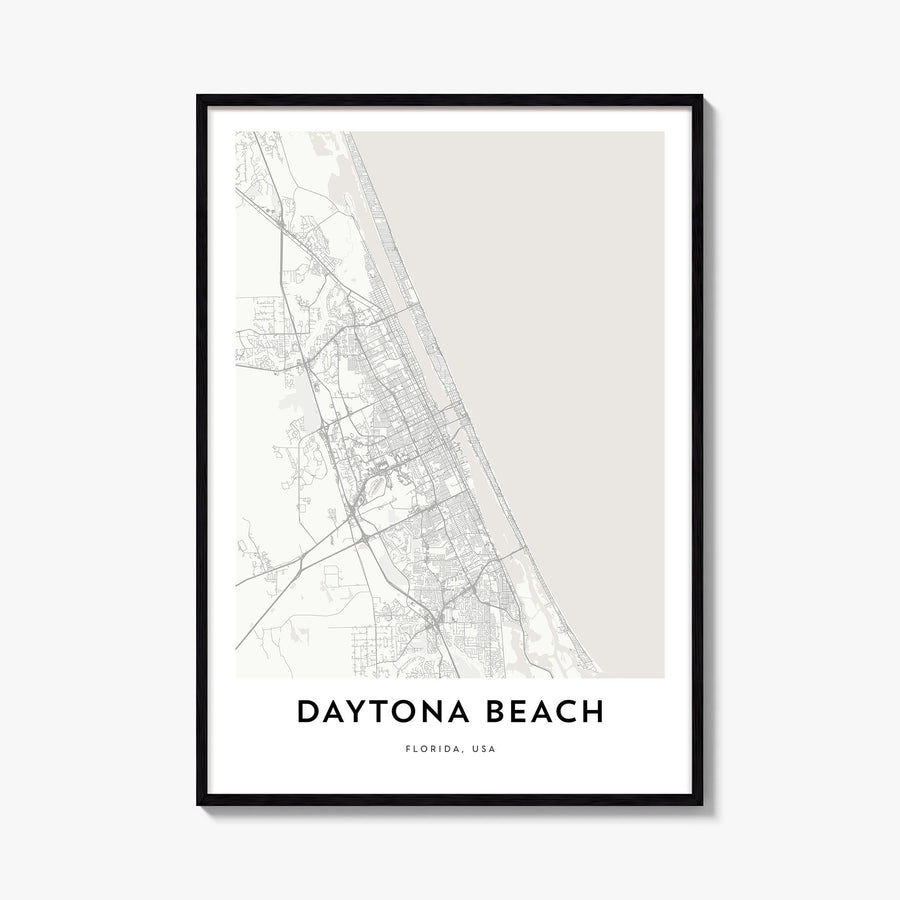 Daytona Beach black & white map poster of Florida, USA – vertical wall art, unframed print shown in interior mockup