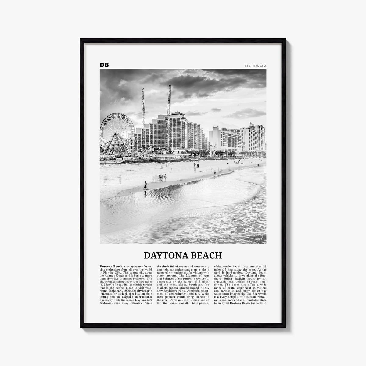 Daytona Beach black & white newspaper poster of Florida, USA – vertical wall art, unframed print shown in interior mockup
