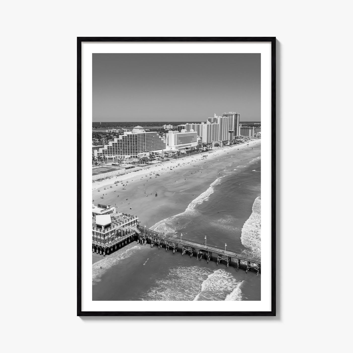 Daytona Beach black & white photo poster of Florida, USA – vertical wall art, unframed print shown in interior mockup