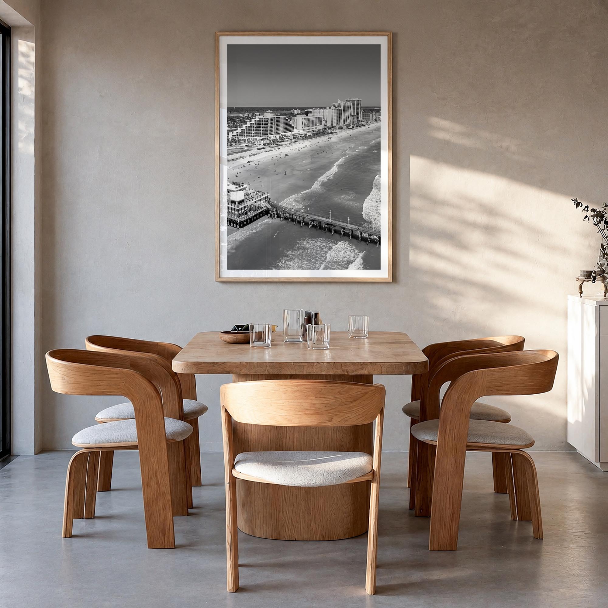 Daytona Beach black & white photo poster of Florida, USA – vertical wall art in natural wood frame with white border, hanging