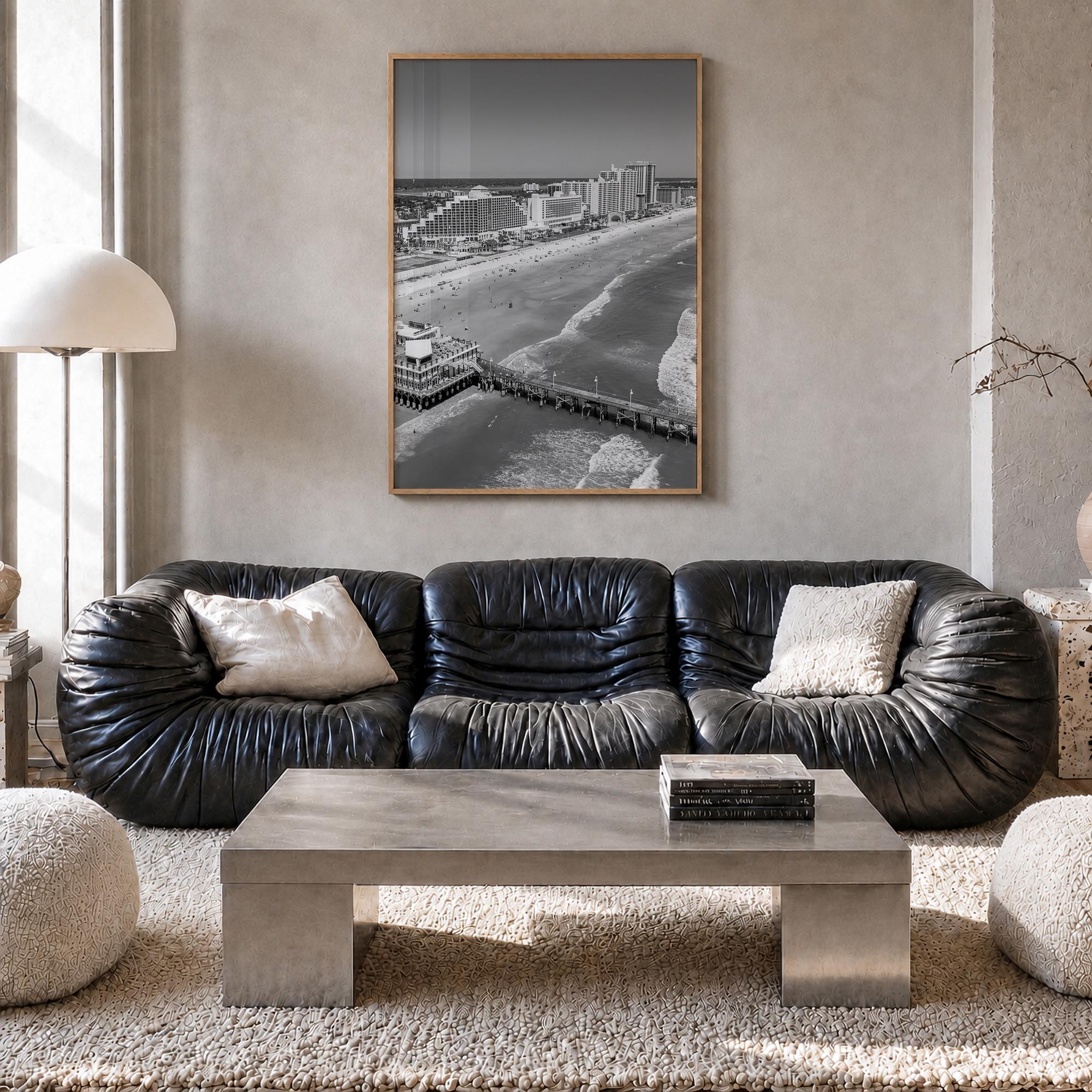 Daytona Beach black & white photo poster of Florida, USA – vertical wall art in natural wood frame, hanging on wall
