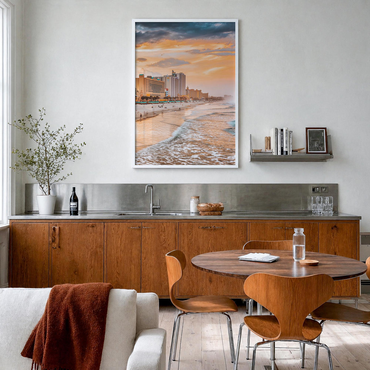 Daytona Beach colorful photo poster of Florida, USA – vertical wall art in white wood frame, hanging on wall