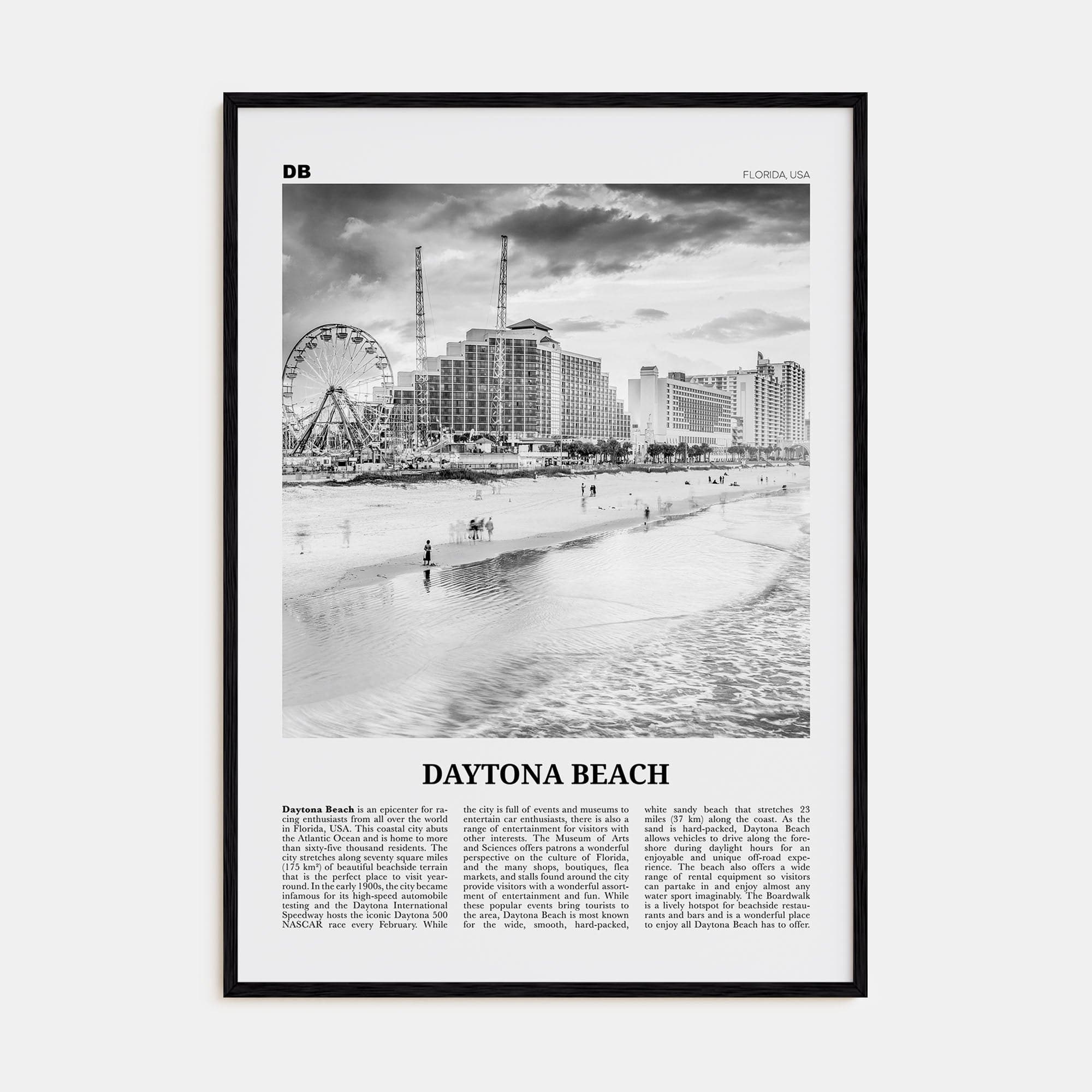 Daytona Beach Poster Black Wood / 8x12 in Nbourhood Travel B&W Poster