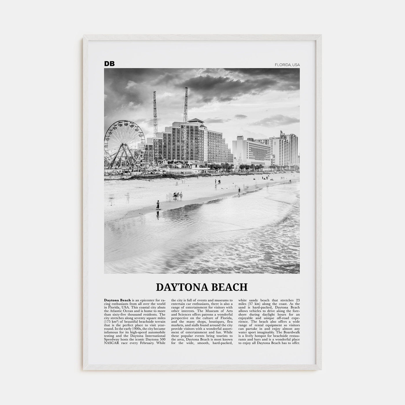 Daytona Beach Poster White Wood / 8x12 in Nbourhood Travel B&W Poster