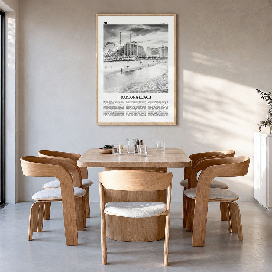 Daytona Beach Newspaper Poster in a natural wood frame, hanging in a dining room
