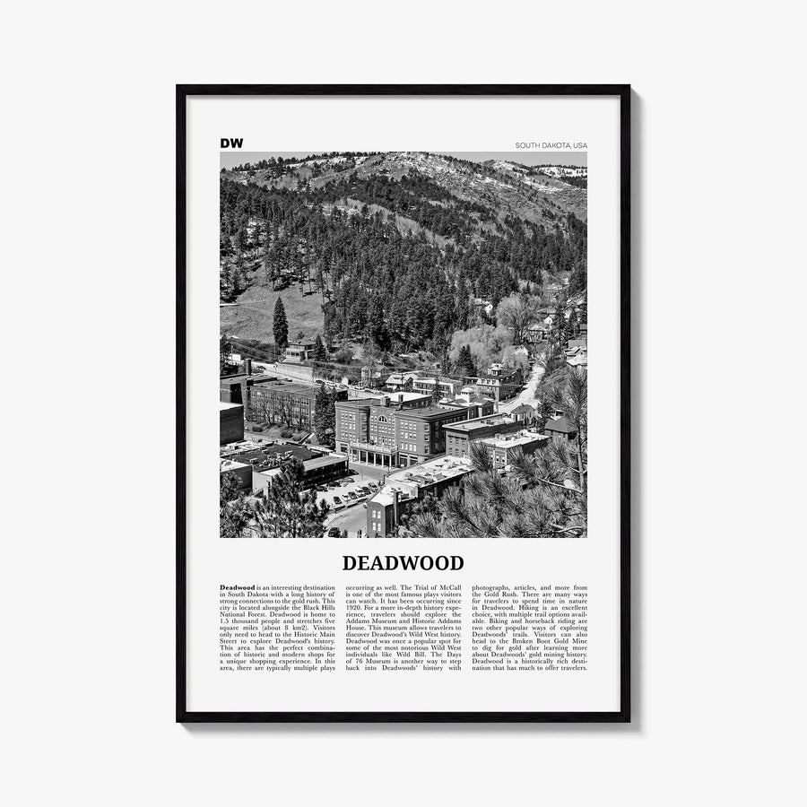 Deadwood black & white newspaper poster of South Dakota, USA – vertical wall art, unframed print shown in interior mockup