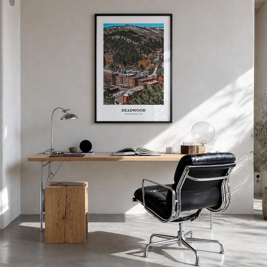 Deadwood colorful classic poster of South Dakota, USA – vertical wall art in black wood frame, hanging on wall