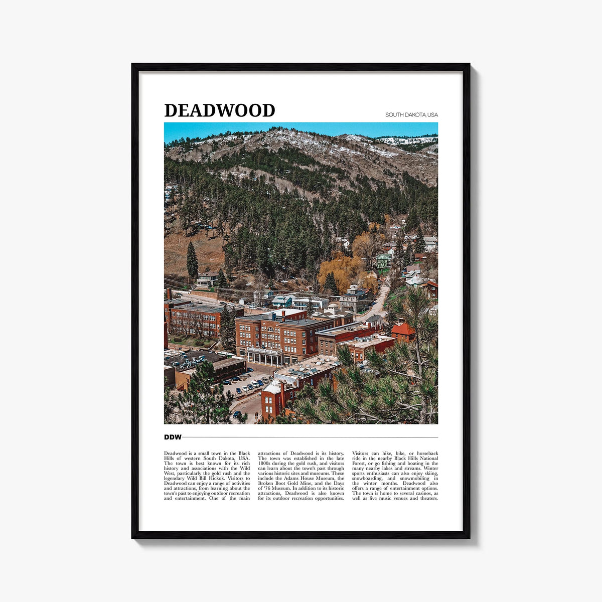 Deadwood colorful travel poster of South Dakota, USA – vertical wall art, unframed print shown in interior mockup