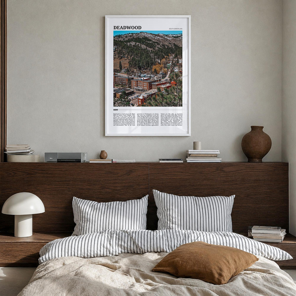 Deadwood colorful travel poster of South Dakota, USA – vertical wall art in white wood frame, hanging on wall