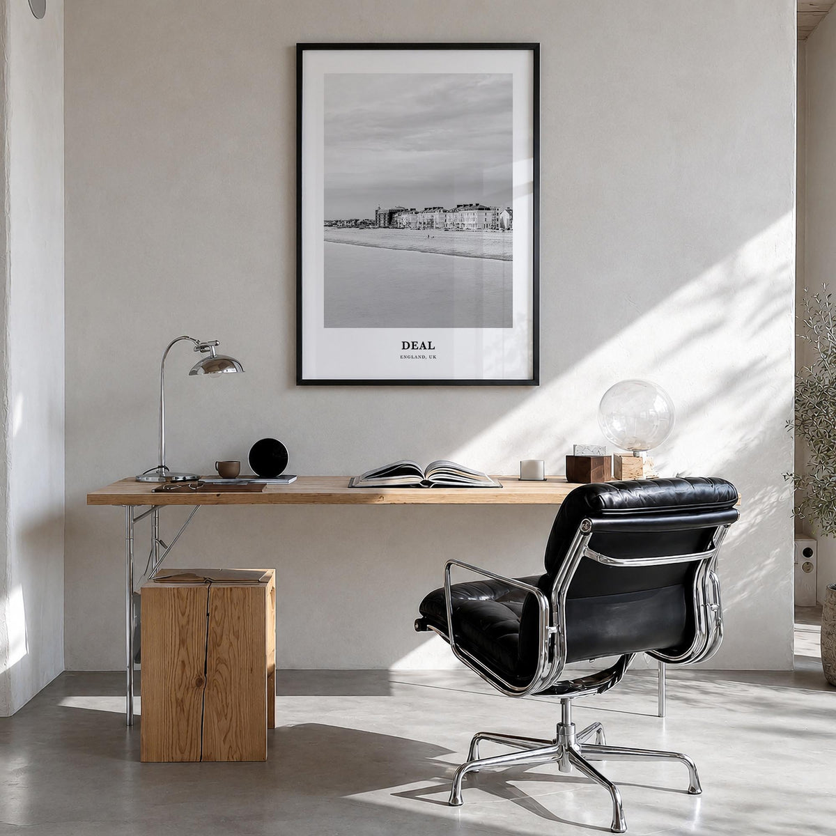 Deal black & white classic poster of England, UK – vertical wall art in black wood frame, hanging on wall