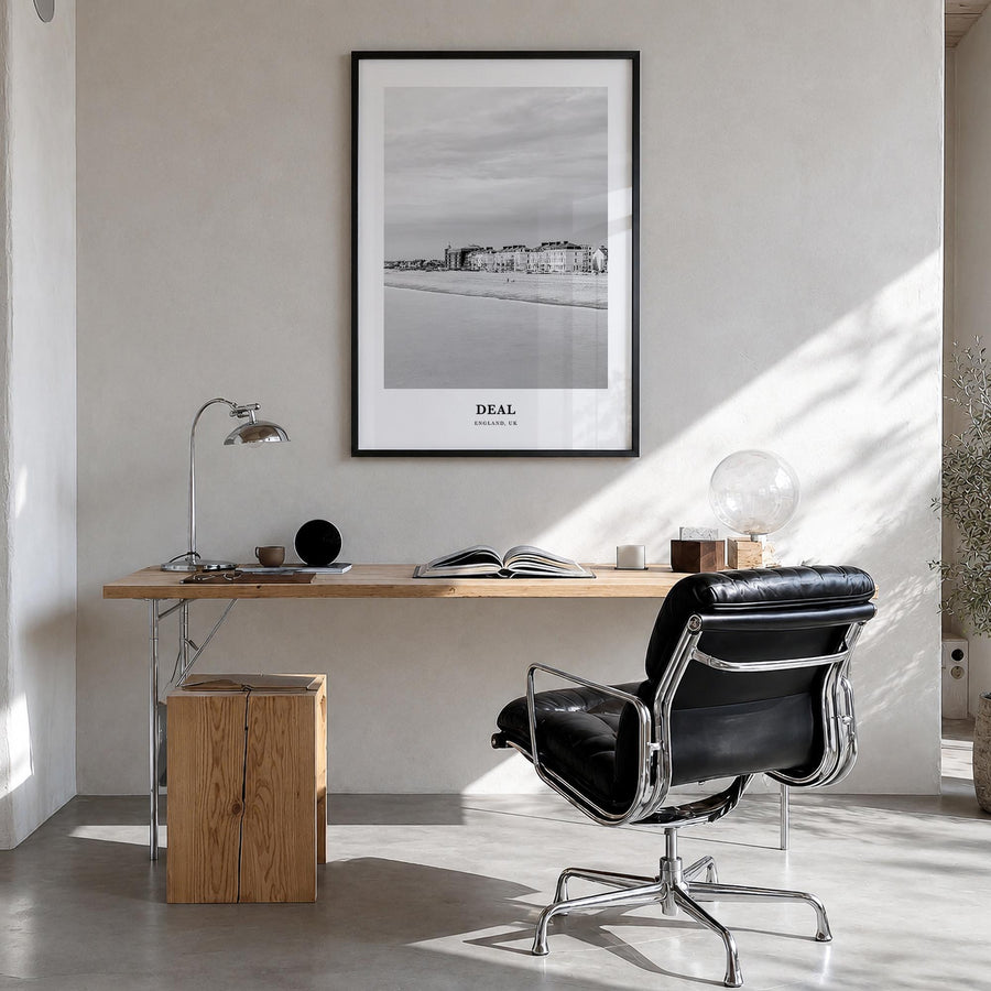 Deal black & white classic poster of England, UK – vertical wall art in black wood frame, hanging on wall