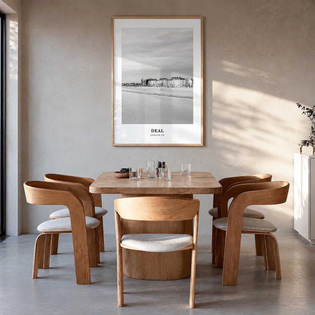 Deal black & white classic poster of England, UK – vertical wall art in natural wood frame, hanging on wall