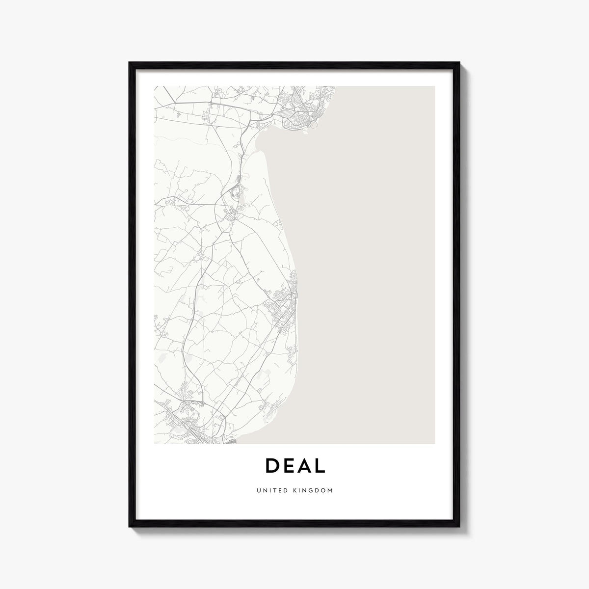 Deal black & white map poster of England, UK – vertical wall art, unframed print shown in interior mockup