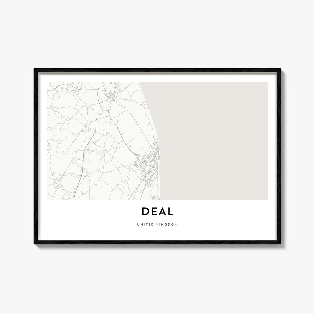 Deal black & white map poster of England, UK – horizontal wall art, unframed print shown in interior mockup