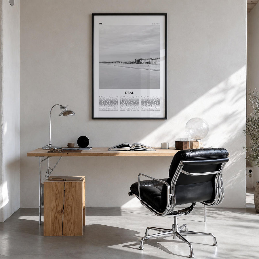 Deal black & white newspaper poster of England, UK – vertical wall art in black wood frame, hanging on wall