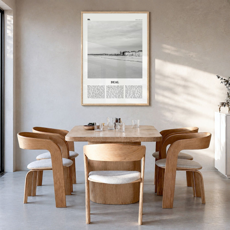 Deal Newspaper Poster in a natural wood frame, hanging in a dining room