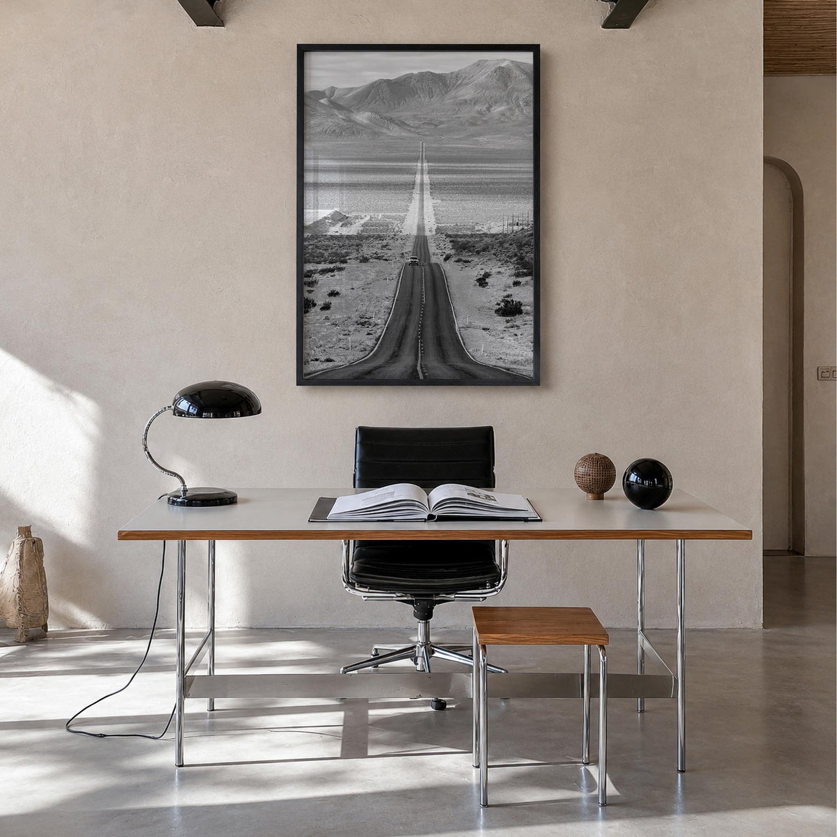 Death Valley black & white photo poster of California, USA – vertical wall art in black wood frame, hanging on wall