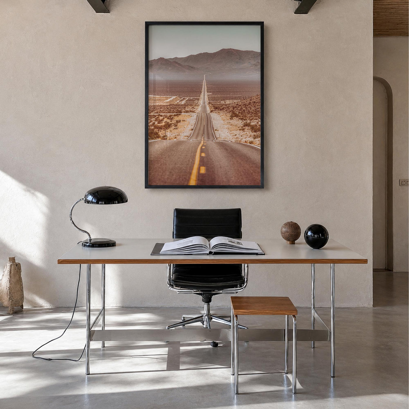Death Valley colorful photo poster of California, USA – vertical wall art in black wood frame, hanging on wall