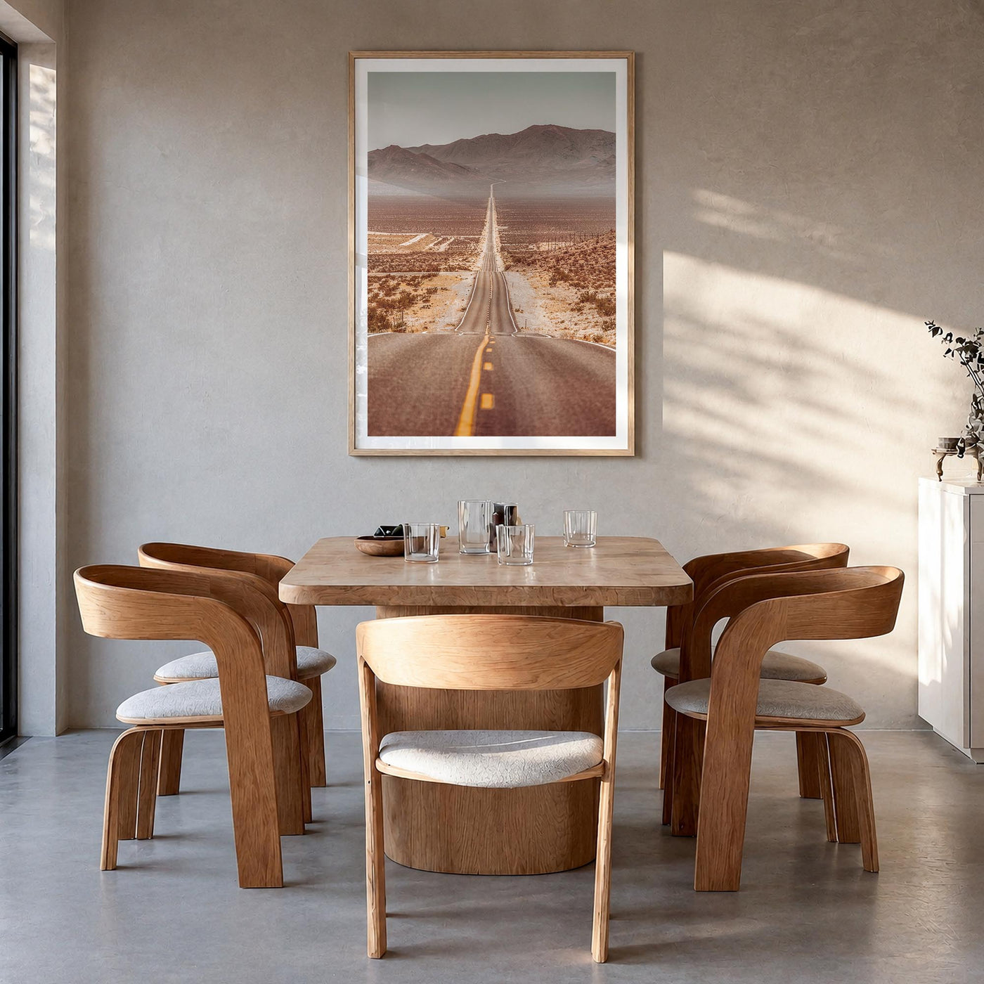 Death Valley colorful photo poster of California, USA – vertical wall art in natural wood frame with white border, hanging on