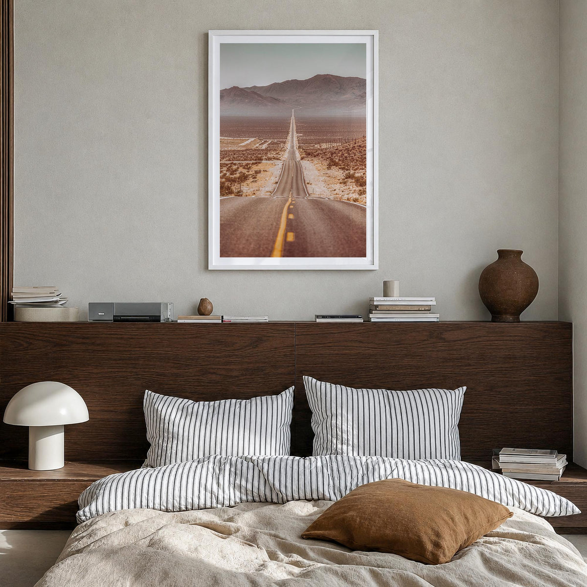 Death Valley colorful photo poster of California, USA – vertical wall art in white wood frame with white border, hanging on w