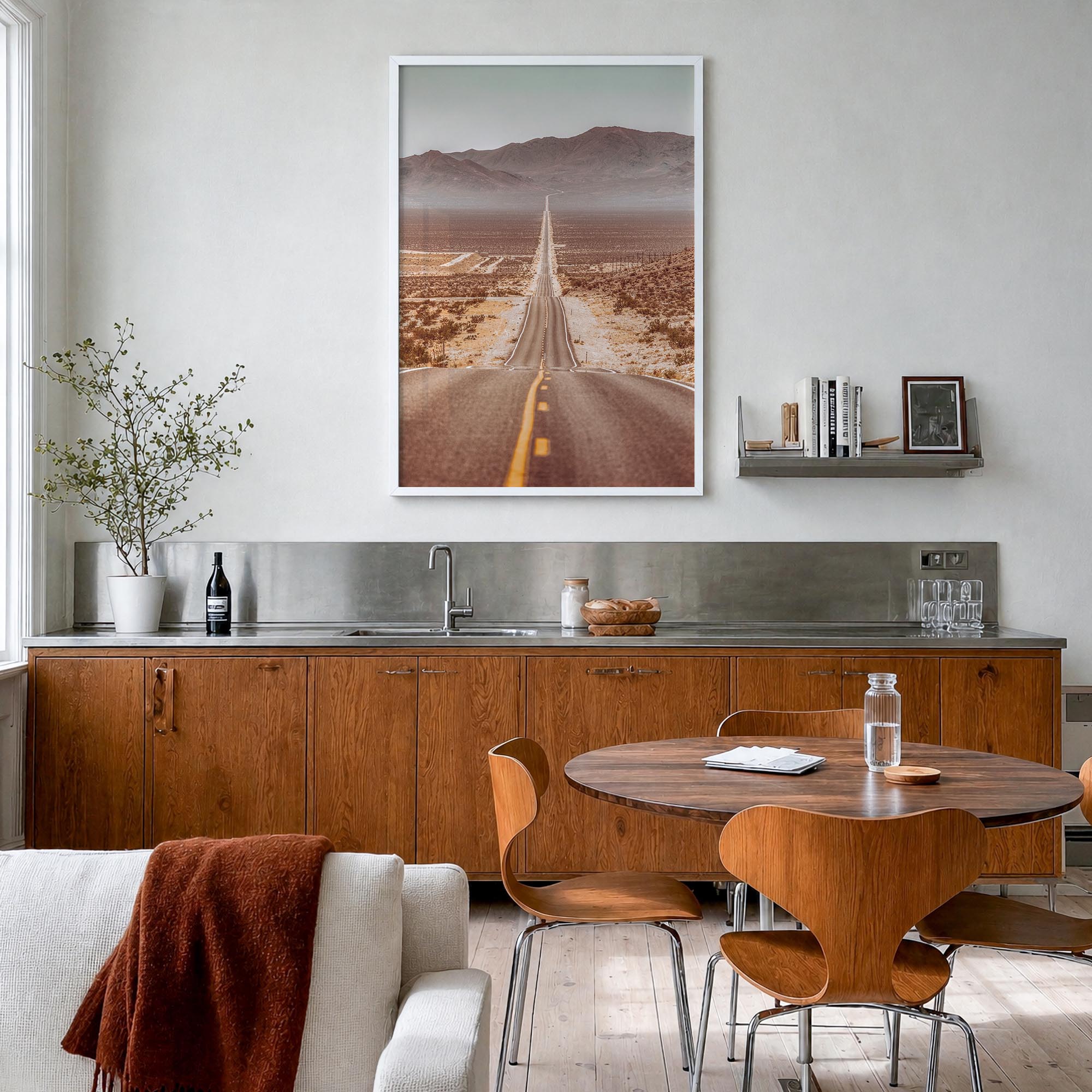 Death Valley colorful photo poster of California, USA – vertical wall art in white wood frame, hanging on wall