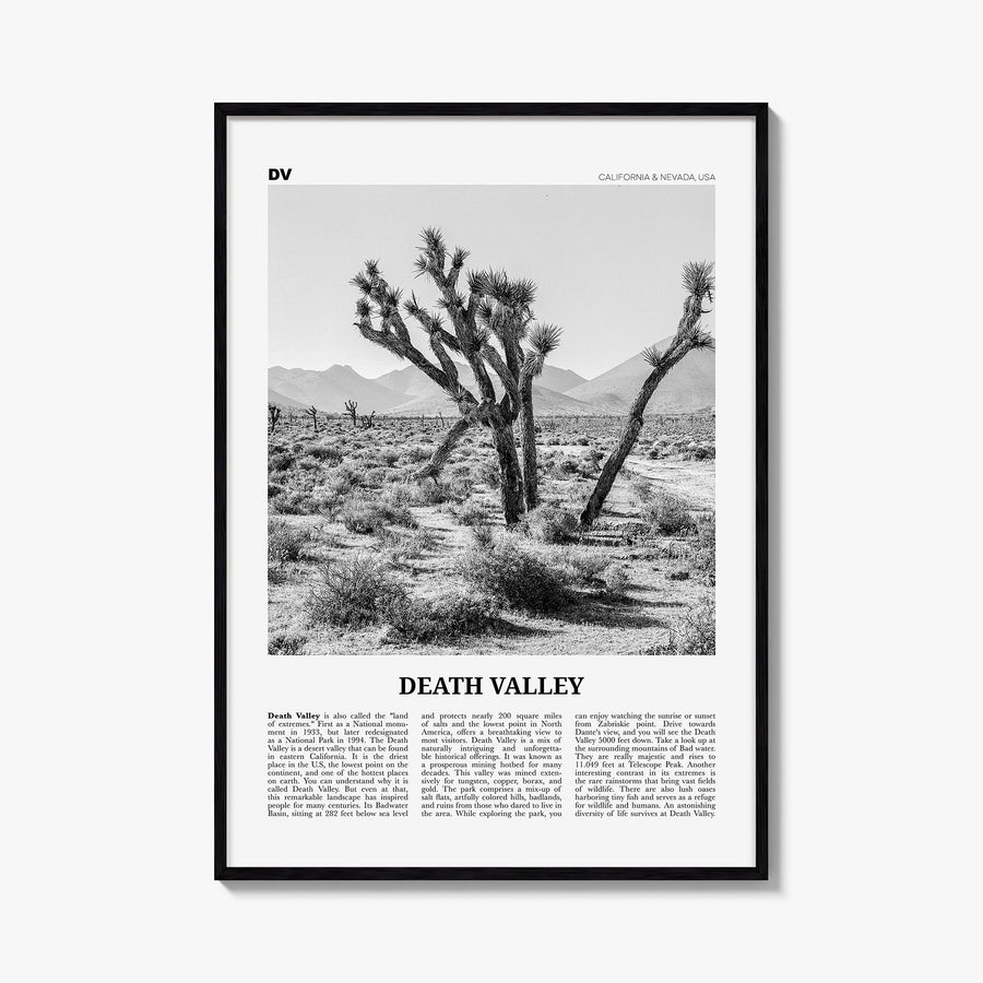 Death Valley no. 1 black & white newspaper poster of California, USA – vertical wall art, unframed print shown in interior mo