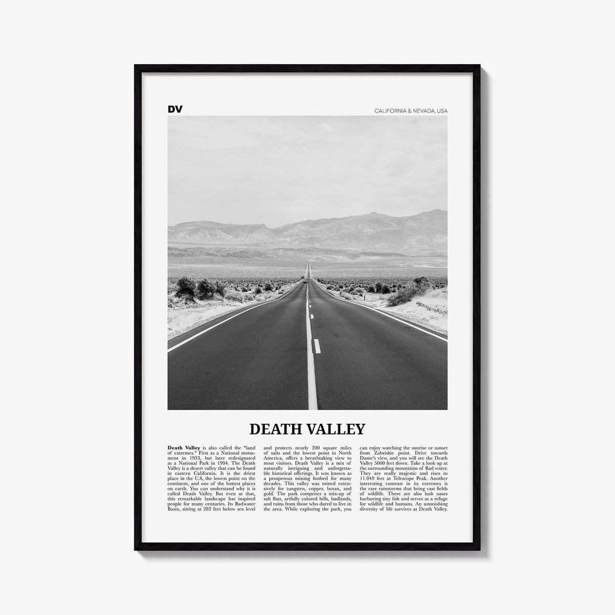 Death Valley no. 2 black & white newspaper poster of California, USA – vertical wall art, unframed print shown in interior mo