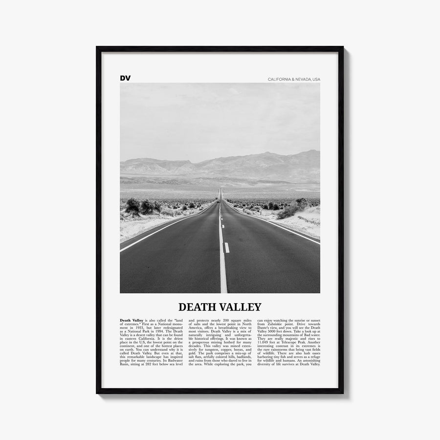 Death Valley no. 2 black & white newspaper poster of California, USA – vertical wall art, unframed print shown in interior mo