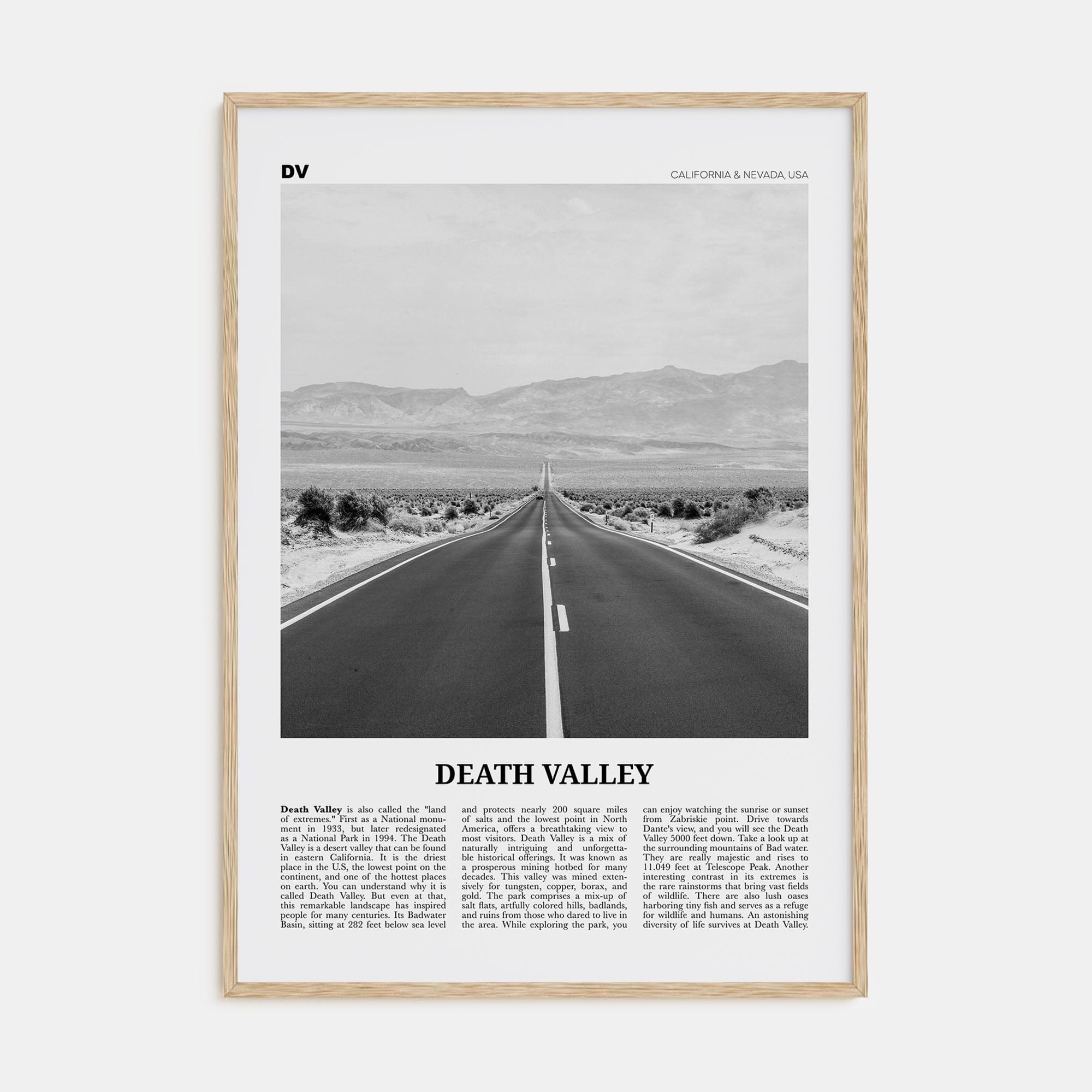 Death Valley No 2 Poster Natural Wood / 8x12 in Nbourhood Travel B&W Poster