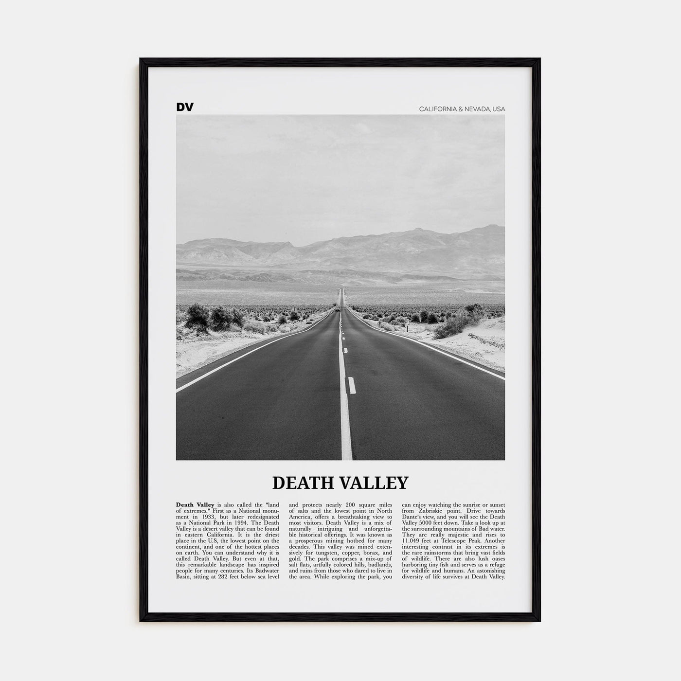 Death Valley No 2 Poster Black Wood / 8x12 in Nbourhood Travel B&W Poster