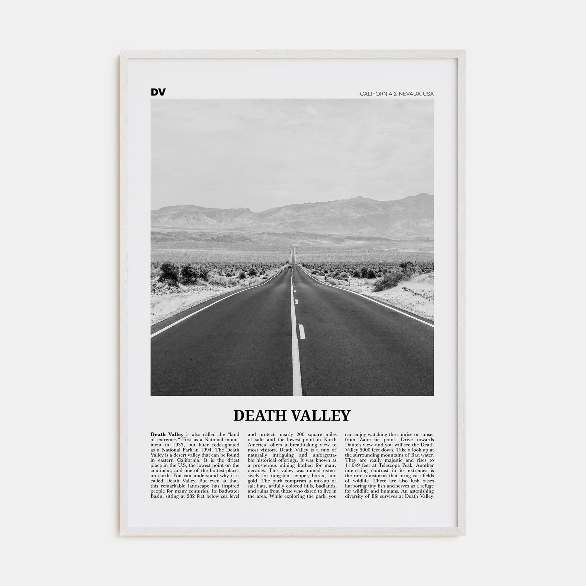 Death Valley No 2 Poster White Wood / 8x12 in Nbourhood Travel B&W Poster