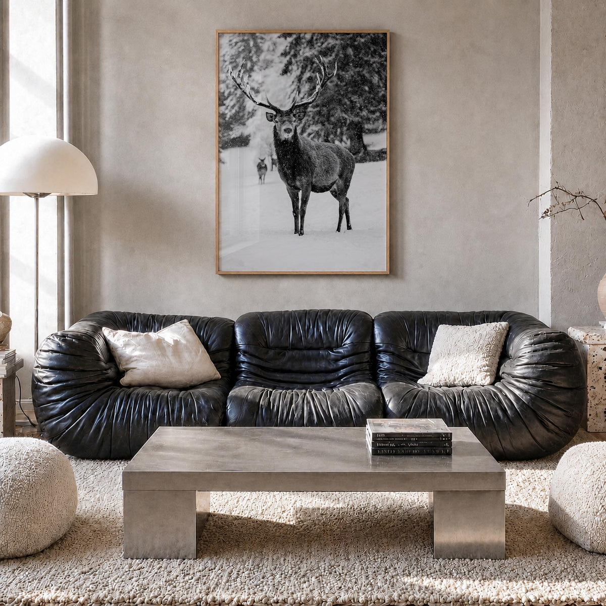 Deer black & white photo poster – vertical wall art in natural wood frame, hanging on wall