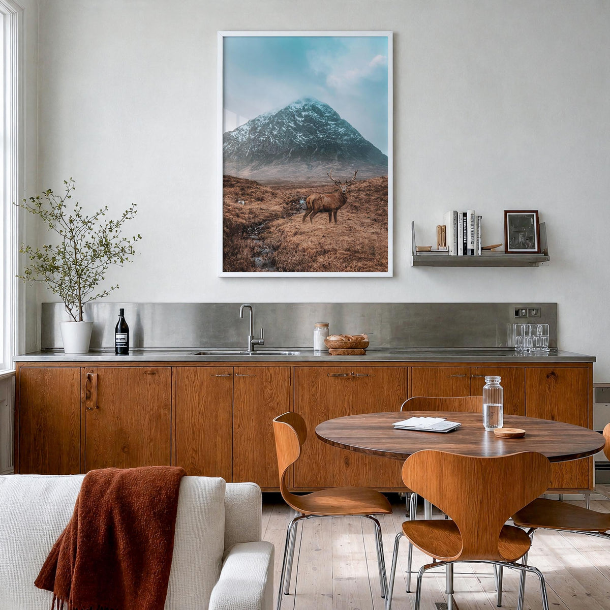 Deer no. 1 colorful photo poster – vertical wall art in white wood frame, hanging on wall