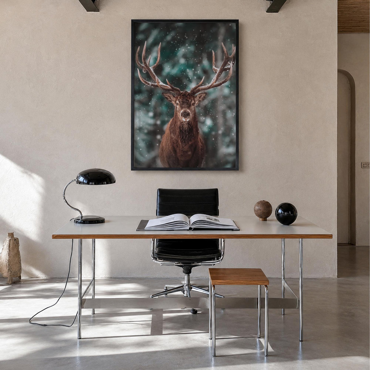Deer no. 2 colorful photo poster – vertical wall art in black wood frame, hanging on wall