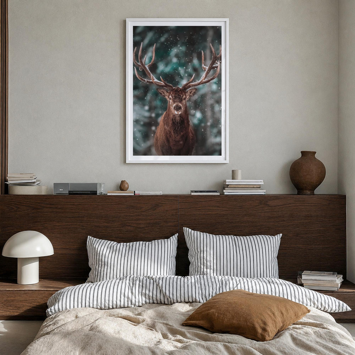 Deer no. 2 colorful photo poster – vertical wall art in white wood frame with white border, hanging on wall