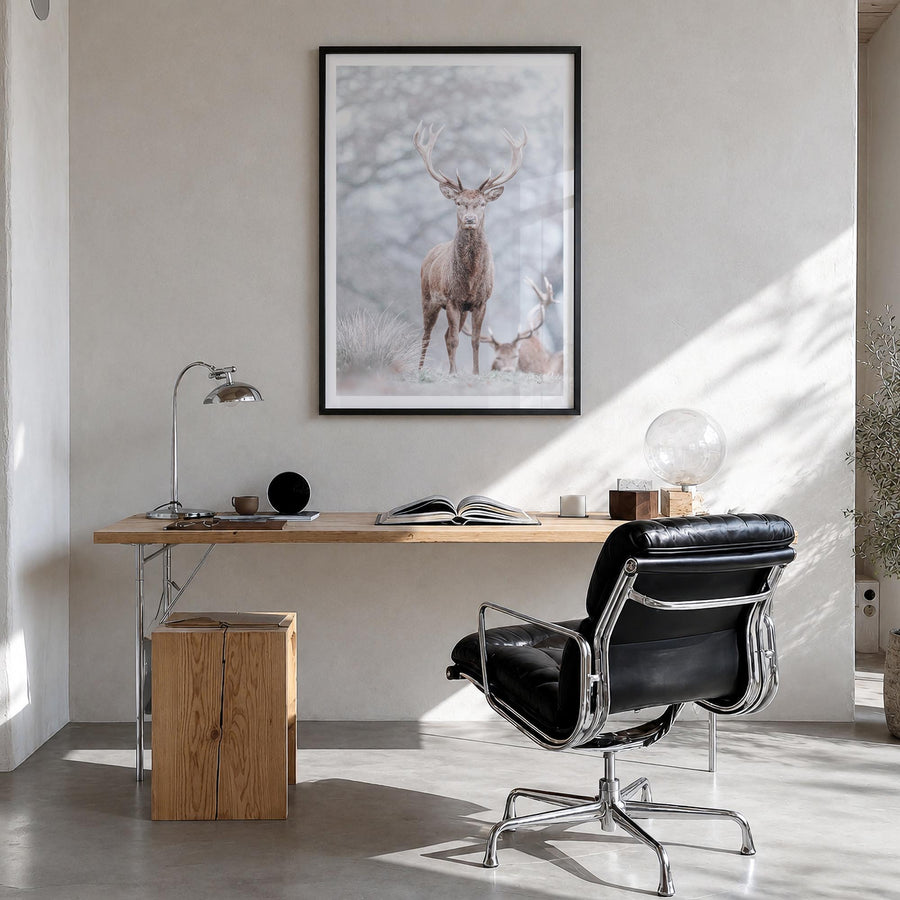 Deer no. 3 colorful photo poster – vertical wall art in black wood frame with white border, hanging on wall