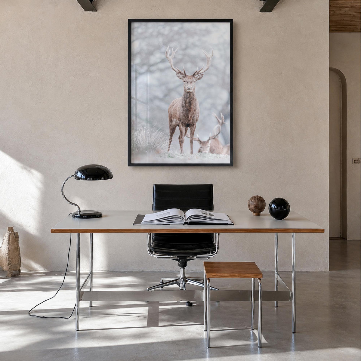 Deer no. 3 colorful photo poster – vertical wall art in black wood frame, hanging on wall