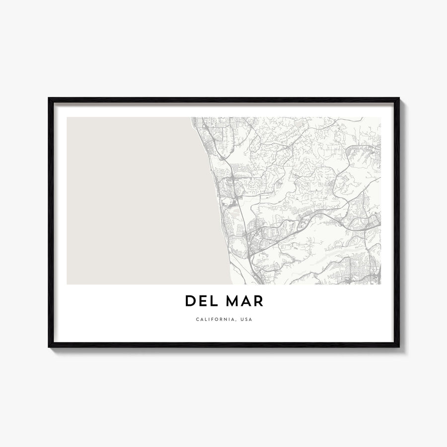 Del Mar black & white map poster of California, USA – horizontal wall art, unframed print shown in interior mockup