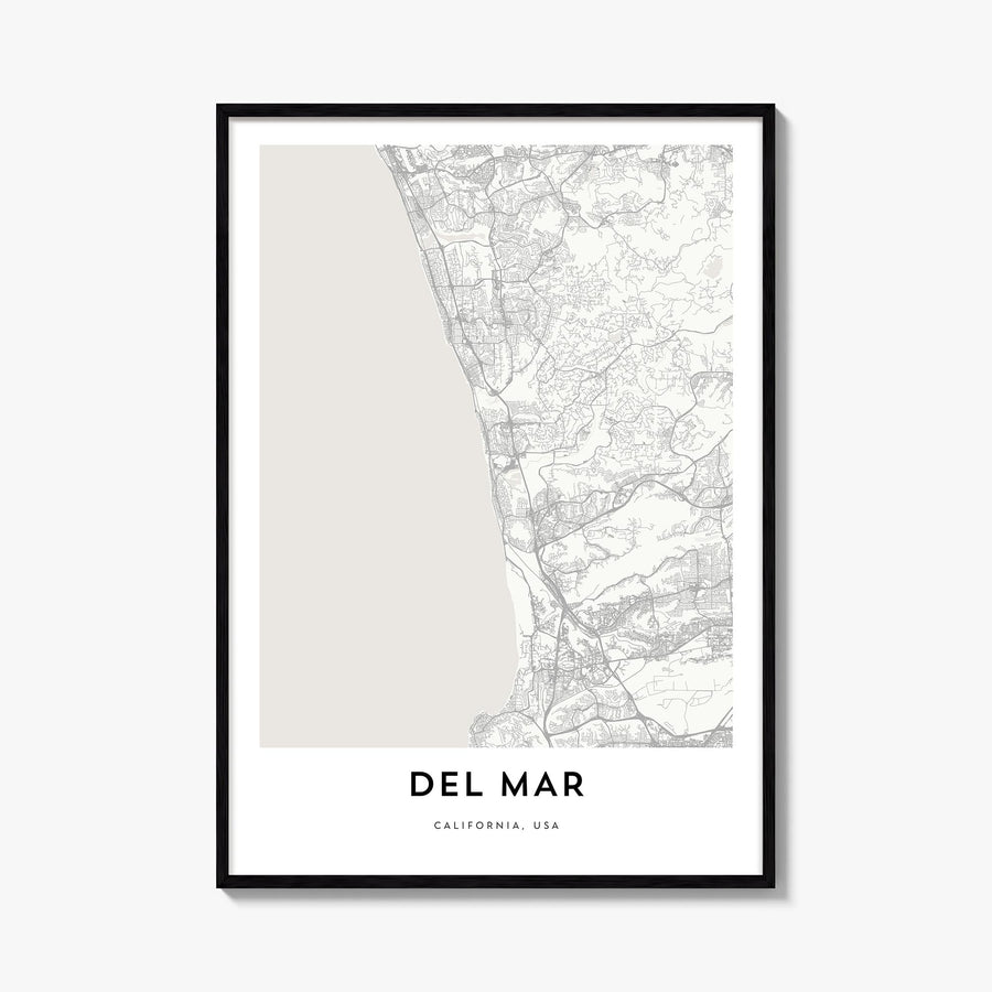 Del Mar black & white map poster of California, USA – vertical wall art, unframed print shown in interior mockup