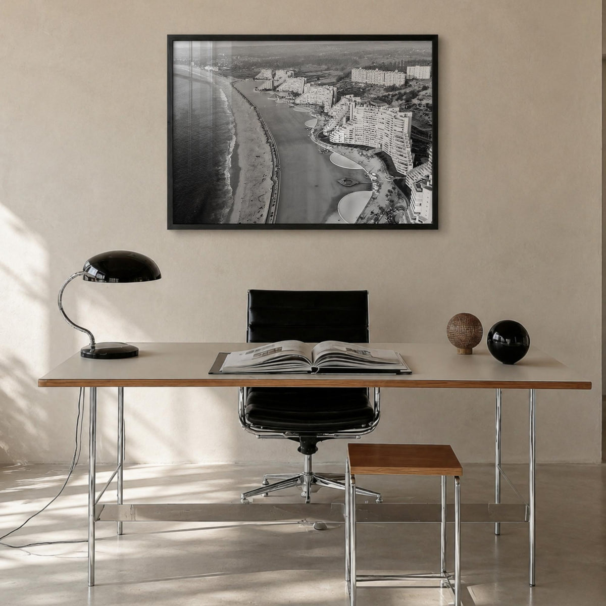 Del Mar black & white photo poster of California, USA – horizontal wall art in black wood frame, hanging on wall