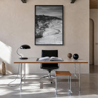 Del Mar black & white photo poster of California, USA – vertical wall art in black wood frame, hanging on wall