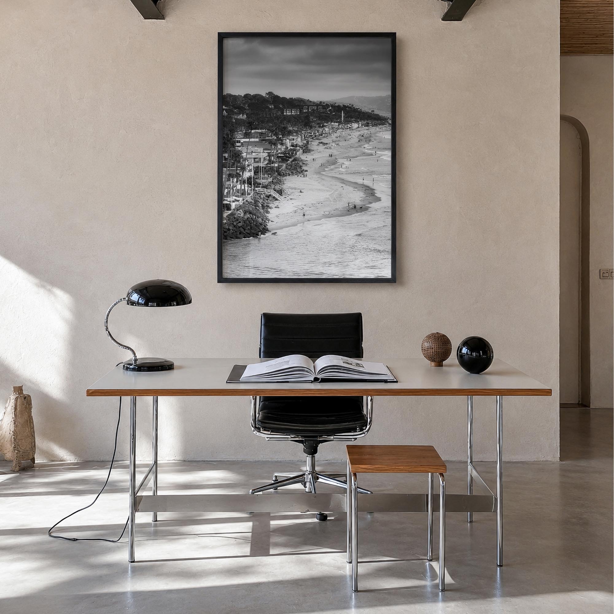Del Mar black & white photo poster of California, USA – vertical wall art in black wood frame, hanging on wall