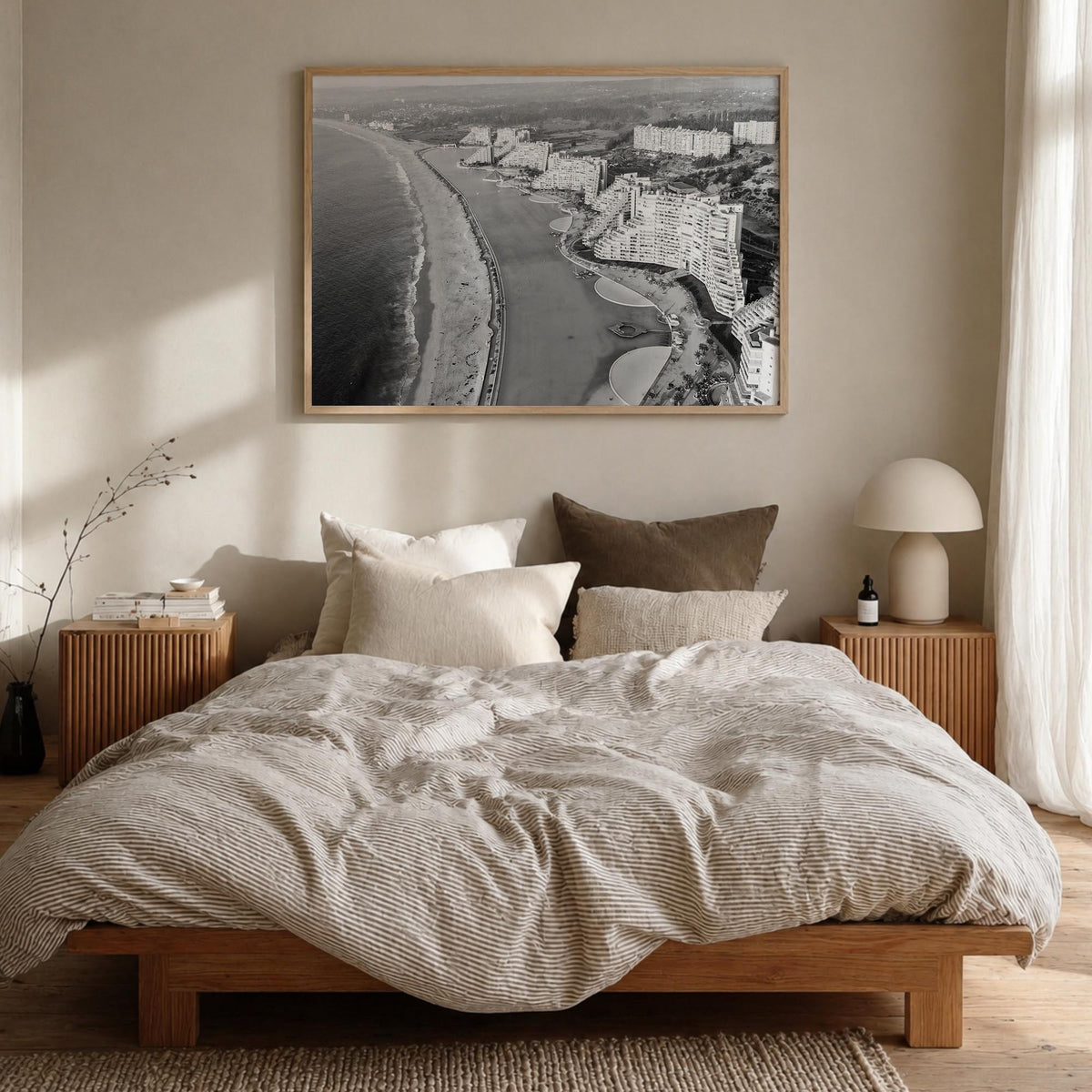Del Mar black & white photo poster of California, USA – horizontal wall art in natural wood frame, hanging on wall